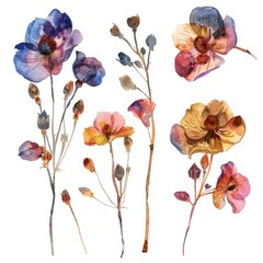 Collection of Dried Flowers and Wildflowers Isolated on White Background