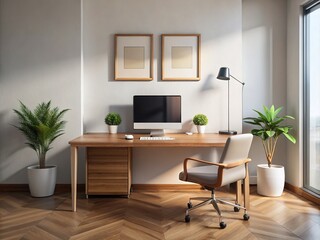 Fototapeta premium Minimalist modern office setup featuring a wooden desk with a sleek computer, two empty chairs, and a framed photograph adorning the neutral-colored wall.