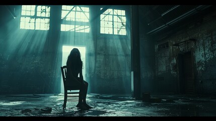 Suspenseful Scene in Abandoned Warehouse: Figure Tied to Chair, Shadowy Antagonist Looming.