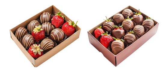 Chocolate-covered strawberries in a gift box on transparent background