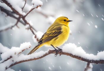 Obraz premium branch covered nature treebranch yellow small generated perched snow bird ai illustration wildlife animal