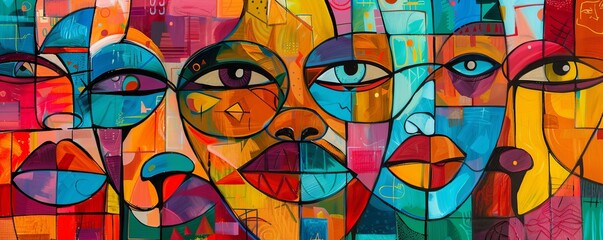Colorful abstract painting representing diversity and multiculturalism, featuring overlapping faces with expressive features. Perfect for projects related to inclusion, society, and modern art
