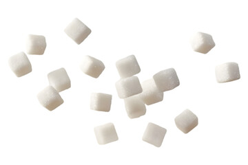 White sugar cubes falling in mid-air on transparent background