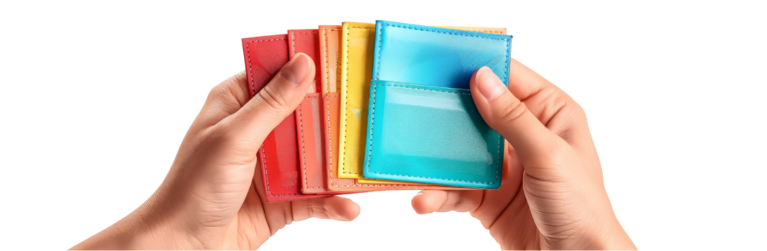 Financial Management Essentials - Hands Holding Wallet, Bank Statement, ATM Card in Hyper Realistic Bright Colors cut out dicut PNG on transparent