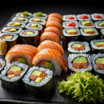 Generative AI, Sushi rolls, fresh ingredients, Japanese cuisine, realistic, 1440p --ar 3:2.