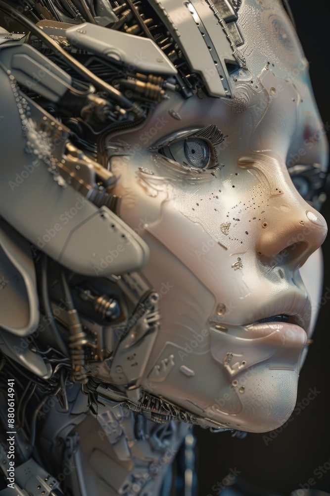 Poster Close-up of a robot's face with wires attached, suitable for tech or sci-fi themed projects