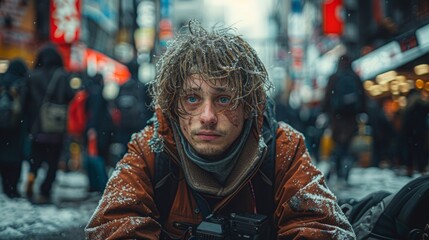 Obraz premium homeless young man, unkempt, crawls towards a high end motion picture film camera, crowded people walk by, a busy city street