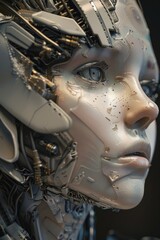 Close-up of a robot's face with wires attached, suitable for tech or sci-fi themed projects