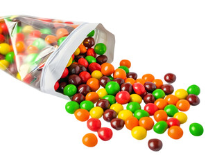 Skittles spilling from a bag on transparent background