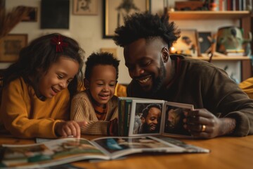 A happy family spends quality time together at home, flipping through a photo album and sharing cherished memories. Celebrating World Photo Day.