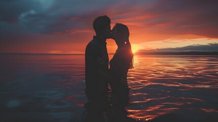 Silhouette of couple's kiss on the beach