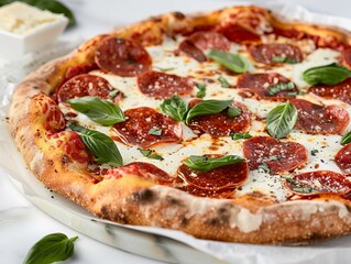 pizza with salami and tomatoes