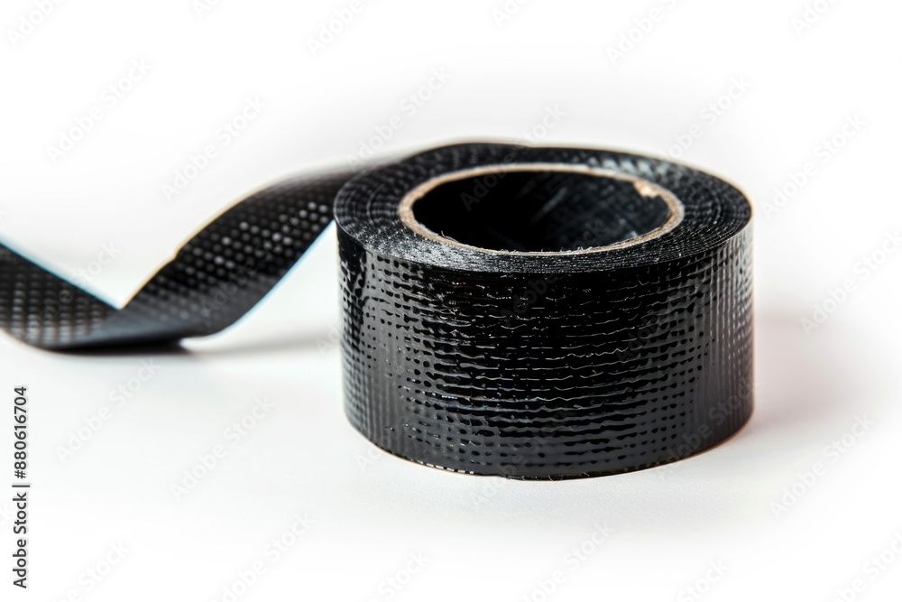 Poster a roll of black duct tape lying on a white surface, often used for diy projects and crafting