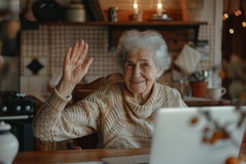 Fototapeta premium Elderly woman waving at laptop screen in cozy kitchen. Indoor scene. Online communication and connection concept. Design for technology, virtual meeting, and family interaction.