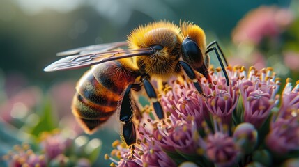 Detailed Macro Shot of Bee Pollinating Flower: Importance of Biodiversity