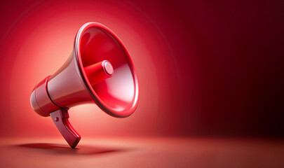 3D bright red megaphone and copy space on red background.