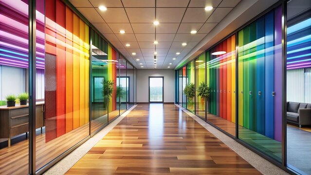 Vibrant rainbow-colored windows line a modern office hallway, adorned with a bold gender equality and pride wallpaper, surrounded by sleek, minimalist interior design.