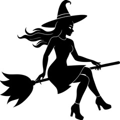 Silhouettes witches flying on a broomstick