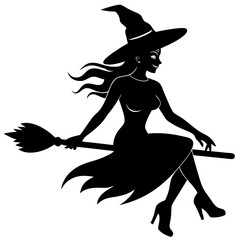 Silhouettes witches flying on a broomstick