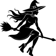 Silhouettes witches flying on a broomstick