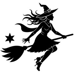 Silhouettes witches flying on a broomstick
