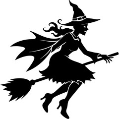 Silhouettes witches flying on a broomstick