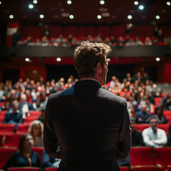 A man stands in front of a large audience in a red auditorium. He is dressed in a suit and tie, and he is giving a speech. The audience is attentive and engaged, with many people sitting in chairs