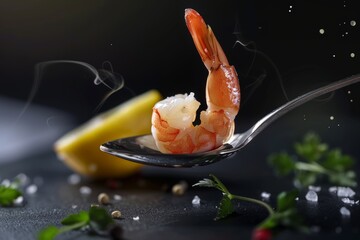 Close-up of cooked shrimp with lemon and herbs on a spoon with steam against dark background....