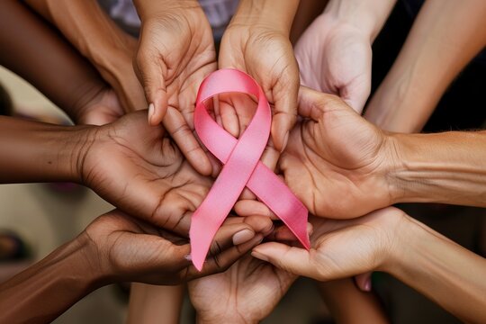 Ethnically diverse palms of hands holding a pink ribbon as a sign of unity against cancer