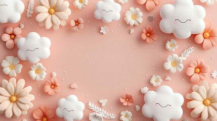 A pastel pink background with white clouds and pink flowers.