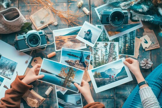 Arranging travel photographs and cameras on a wooden table, depicting nature and landscapes, they evoke memories and adventures in celebration of World Photo Day.