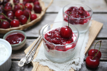 Summer light dessert. Greek yogurt and cherry compote