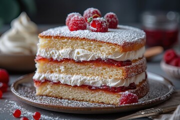 A slice of Victoria sponge cake, with layers of raspberry jam and whipped cream, dusted with powdered sugar.