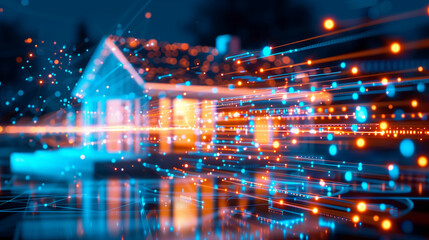 abstract background with a house connected, datas, information, dots and lines