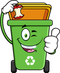Green Recycle Trash Bin Cartoon Character Throws Apple Stump And Giving The Thumbs Up. Vector Hand Drawn Illustration Isolated On Transparent Background