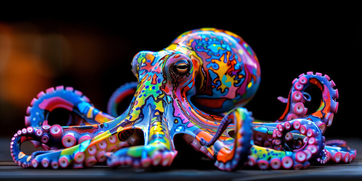 Porcelain colorful octopus on black background, perfect as wallpaper