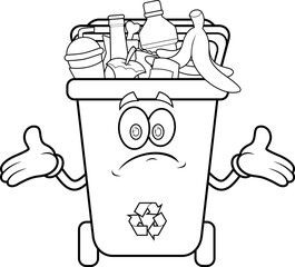 Outlined Recycle Trash Bin Cartoon Character Full With Garbage And Open Arms. Vector Hand Drawn Illustration Isolated On Transparent Background