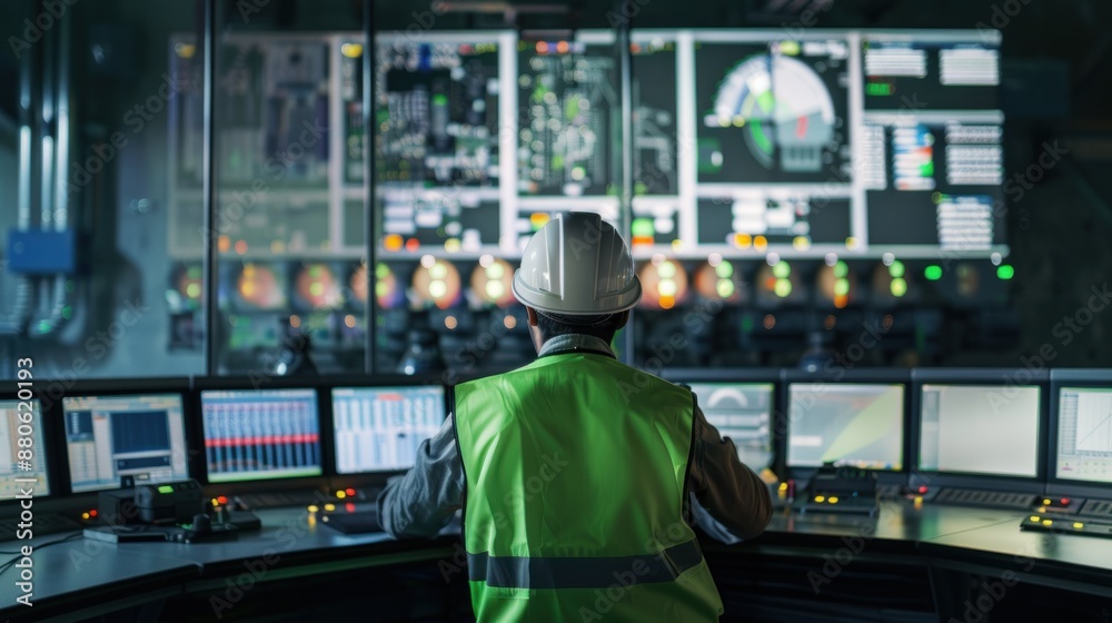 Wall mural worker monitoring industrial control panel