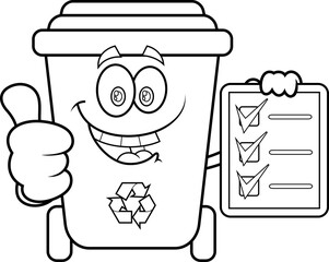 Outlined Recycle Trash Bin Cartoon Character Giving The Thumbs Up And Holding A Clipboard. Vector Hand Drawn Illustration Isolated On Transparent Background