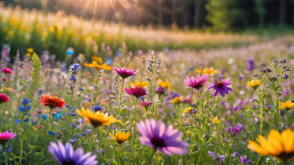 Fototapeta premium Artifical Intelligence generated vivid colorful floral landscape scenery. Floral background in nature on the mountains. AI generated image