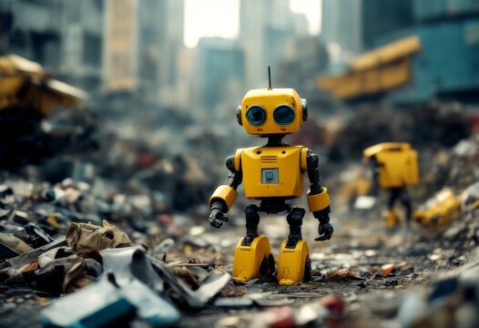 trash dump yellow small future fun photo military exploring realistic having combat robot re boy cyberpunk android artificial intelligence electronic exploration futuristic machinery play pollution re