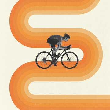 Monochrome image of determined cycling athlete in motion, riding, training on ght background with abstract colorful element. Creative design in minimal style. Sport, competition, marathon, triathlon