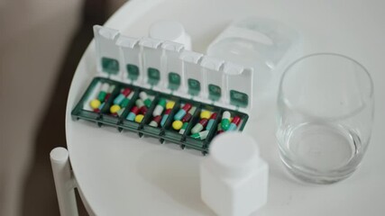 Pill box daily take a medicine, with colorful of pills, tablets, and capsules. Drugs use for treatment and cure the disease.