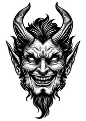 Fototapeta premium Devil devilish figure smiling with horns and a mischievous expression sketch engraving generative ai fictional character PNG illustration. Scratch board imitation. Black and white image.