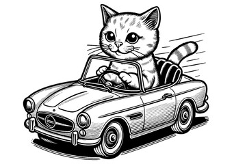 cute cat driving a vintage car, capturing a playful and imaginative scene sketch engraving generative ai fictional character PNG illustration. Scratch board imitation. Black and white image.