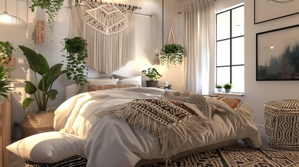Cozy bedroom with a blend of Scandinavian, boho, and modern styles. Green plants and Macrame art add natural elements. Warm lighting creates a relaxing atmosphere, perfect for lazy weekend mornings.