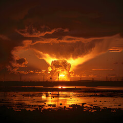 The breathtaking sunset creates a stunning contrast with dark clouds, reflecting golden light on the serene water, showcasing the tranquil beauty of nature in a peaceful atmosphere