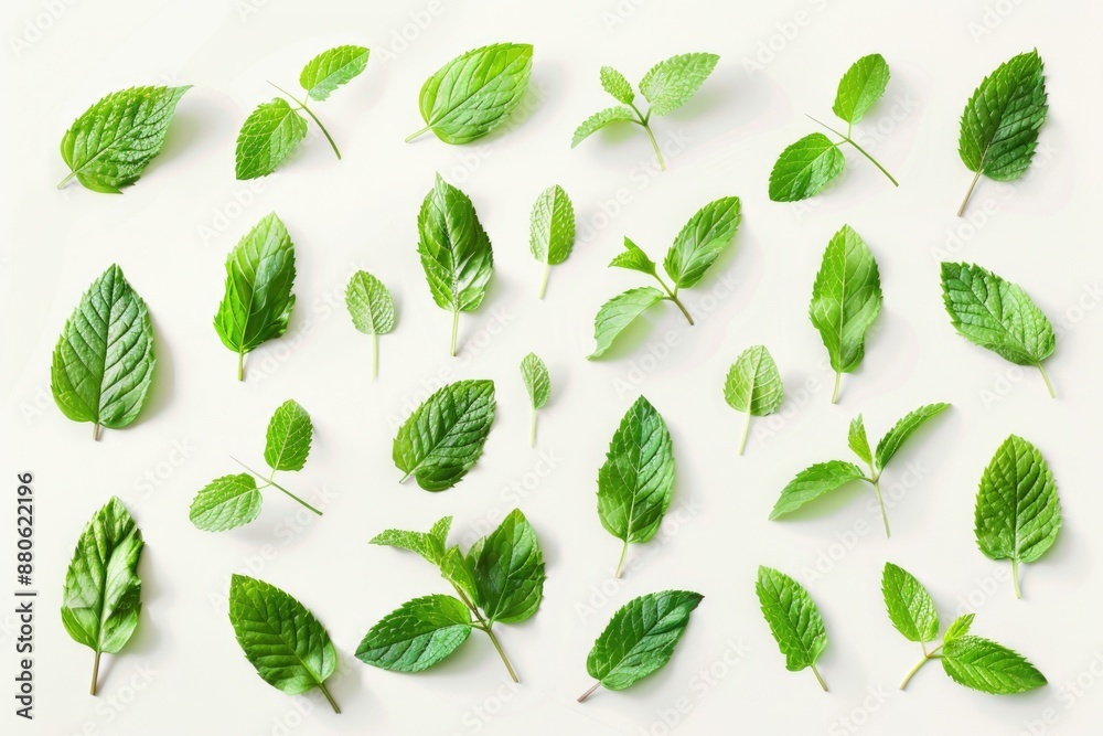 Poster A bunch of fresh green leaves arranged neatly on a white surface, suitable for use in designs and illustrations