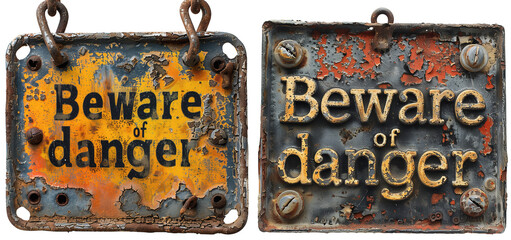Old rusty iron signs with the warning text beware of danger