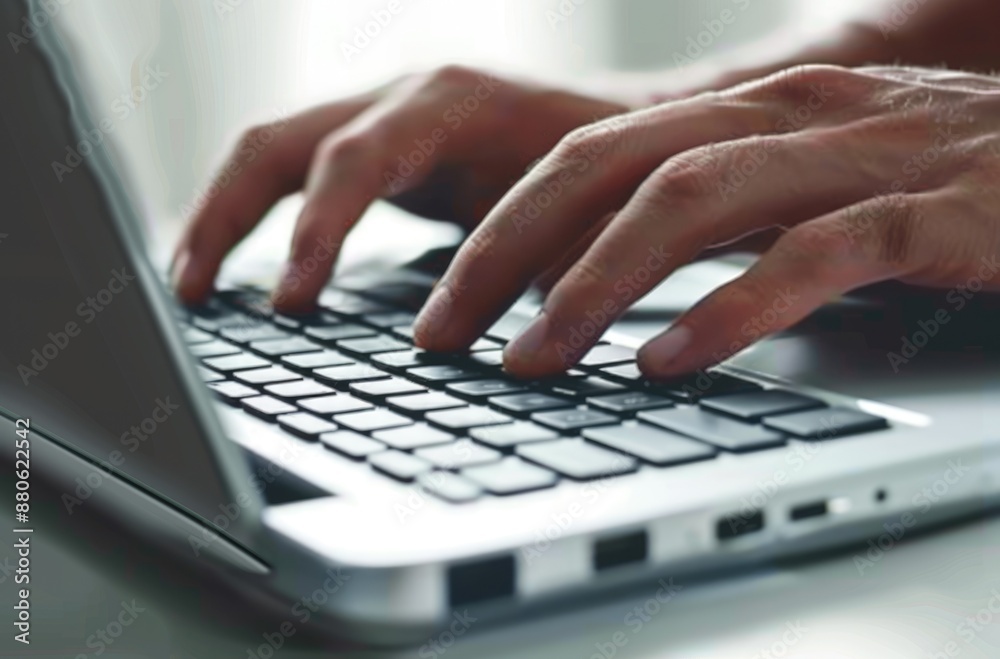 Poster closeup image of hands typing on a laptop keyboard with ambient lighting, illustrating computer work